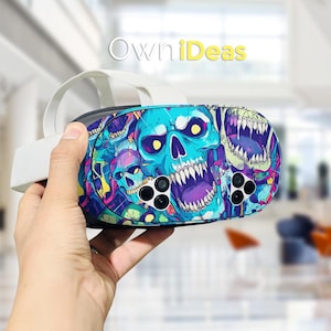 May include: A VR headset with a striking skull design in blue, purple, and yellow. The headset has black control buttons and the text "OwniDeas".