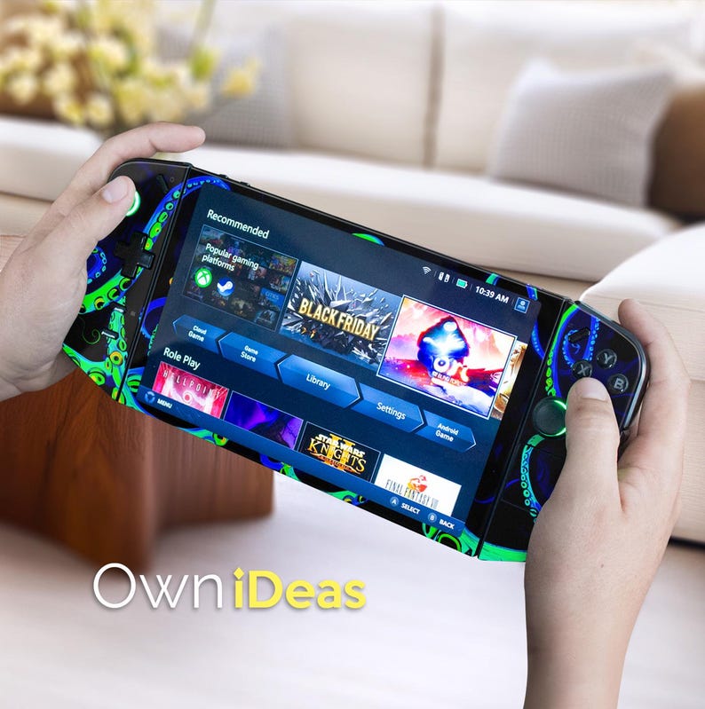 May include: A handheld gaming console with a black and green octopus design. The screen displays a "Black Friday" promotion and game options. The text "OwniIdeas" is at the bottom.