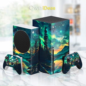 May include: A green, blue, and yellow Xbox Series X console skin with a starry night sky and forest scene. The skin is applied to both the console and a matching controller.