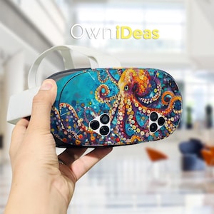 May include: A VR headset featuring an octopus design in vibrant colours. The octopus is rendered in orange, yellow, blue, and purple hues against a turquoise backdrop. The headset has a white strap and black buttons. The text "OwniDeas" is visible.