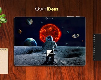 May include: A digital illustration of an astronaut standing on the moon with a red sun and planets in the background. The image is titled "OwnIdeas".