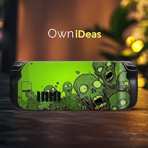 May include: A green and black Nintendo Switch case with a zombie graphic. The case features a green background with multiple zombie faces in various poses. The case has a black border and a black button on the side.