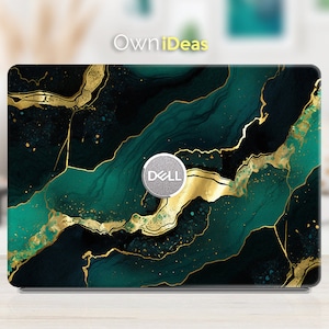 Può includere: Pelle per laptop in marmo verde e oro con logo Dell. La pelle ha un motivo a spirale di verde e oro.