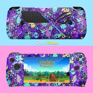 May include: A purple and teal gaming console skin featuring a colorful pattern of cartoon characters, stars, and swirls. The screen displays the "Stardew Valley" game. The text "OwniIdeas" is visible.
