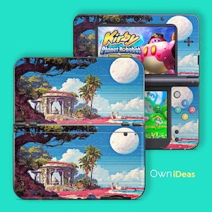 May include: A Nintendo 3DS console with a custom skin featuring a pixelated landscape with a gazebo, palm trees, and a large moon. The screen displays the game "Kirby Planet Robobot". The console is open, showing the game interface.