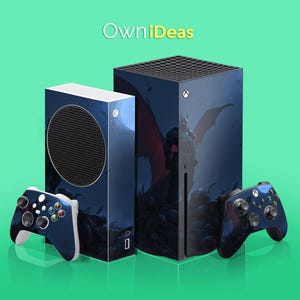 May include: Two game consoles and two controllers. The consoles and controllers are navy blue with a fantasy art design. The controllers have white accents. The text "OwniIdeas" is in the top left corner.