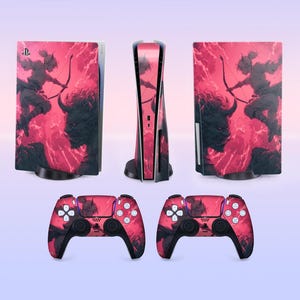 May include: A PlayStation 5 console and two controllers with a red and black graphic design. The design features a warrior figure with a bow and arrow, set against a backdrop of swirling red and black elements. The console is in the vertical position.