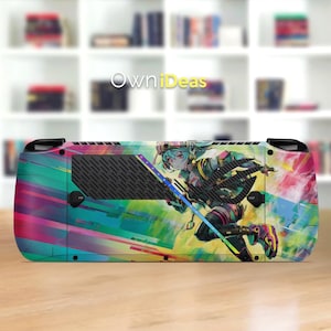May include: A colorful gaming console skin featuring a vibrant anime-style illustration of a character with blue hair and a sword. The skin has a background of bright, abstract colors, including pink, green, and yellow. The text "OwniIdeas" is visible.