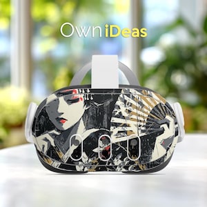 May include: VR headset with a black, white, and gold graphic design featuring a geisha. The headset has a white head strap and ear pieces. The text "OwniDeas" is at the top of the image.
