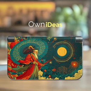 Puede incluir: Una funda para consola de juegos portátil con una ilustración de una figura anciana con túnicas rojas sosteniendo un bastón y un paraguas. El diseño incluye un paraguas verde azulado con escritura, un sol amarillo y el texto "OwniIdeas".