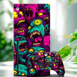 May include: A colorful Xbox Series X console and controller skin featuring a repeating pattern of green, pink, and purple zombie faces with yellow eyes. The skin is designed to fit the Xbox Series X console and controller.