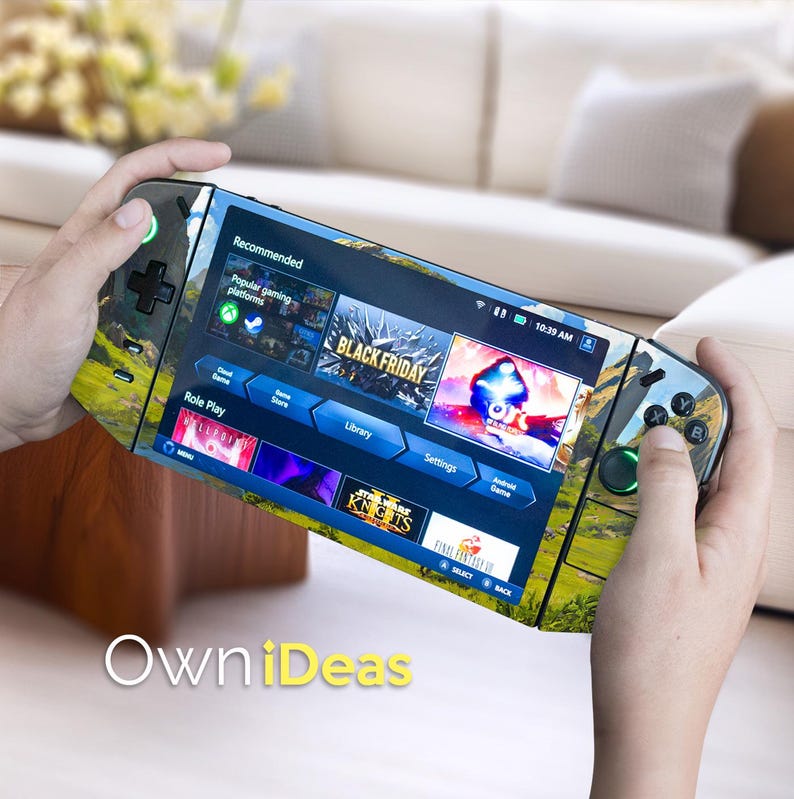 May include: A handheld gaming device with a screen displaying a game library and the text "BLACK FRIDAY." The device has a landscape design with a green and blue landscape pattern. The brand name "OwniIdeas" is visible.