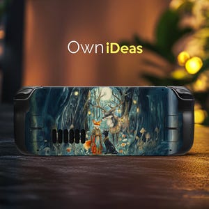 May include: A black and blue Nintendo Switch console skin with a woodland scene featuring a fox, a deer, and a black cat. The skin has a dark blue background with a moon and trees. The text "OwnIdeas" is printed in white at the top of the image.