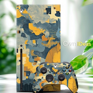 May include: Xbox Series X console and controller skin featuring an abstract design in shades of blue, yellow, and orange. The design includes a stylized figure. The controller has black buttons and directional pad.