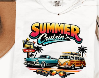 Summer Cruisin' Graphic Tee, Retro Road Trip Shirt, Vintage Beach Vacation Apparel, 70s Surf Van Gift for Summer