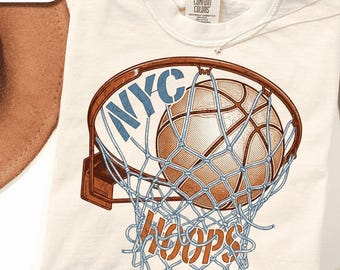 Camiseta gráfica NYC Hoops, camiseta vintage de baloncesto de Nueva York, ropa para aficionados al baloncesto callejero, regalo retro de baloncesto para él.