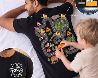 Tired Dads Club Construction Car Track Shirt, Personalized Kid Face Back Print, Interactive Play Tee, Fathers Day Gift
