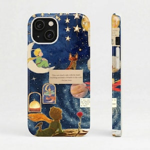 May include: A phone case featuring a collage design with illustrations from "The Little Prince." The case has a dark blue background with stars, a fox, and the Little Prince. Text from the book is also included.