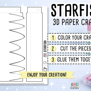 Op de afbeelding: Een witte papieren sjabloon voor een 3D zeester knutselwerk. Instructies zijn: kleuren, knippen en lijmen. De tekst "STARFISH 3D PAPER CRAFT" staat bovenaan, met "Enjoy your creation!" onderaan.