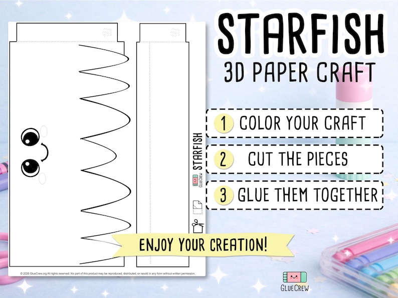 Op de afbeelding: Een witte papieren sjabloon voor een 3D zeester knutselwerk. Instructies zijn: kleuren, knippen en lijmen. De tekst "STARFISH 3D PAPER CRAFT" staat bovenaan, met "Enjoy your creation!" onderaan.