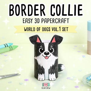 Pu&ograve; includere: Una figura di Border Collie in carta 3D realizzata con un tubo cilindrico, con pelo bianco e nero, orecchie a punta con dettagli rosa e una piccola coda. Il testo BORDER COLLIE EASY 3D PAPERCRAFT WORLD OF DOGS VOL.1 SET &egrave; visibile.