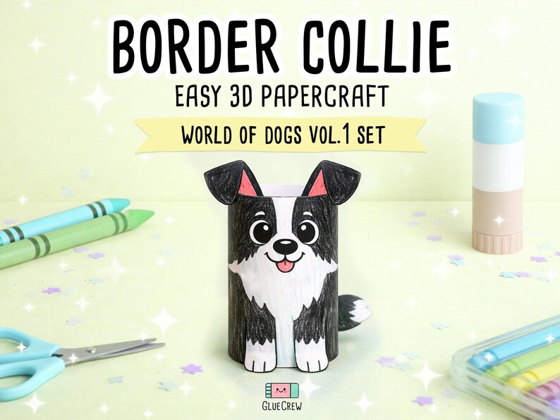 Pu&ograve; includere: Una figura di Border Collie in carta 3D realizzata con un tubo cilindrico, con pelo bianco e nero, orecchie a punta con dettagli rosa e una piccola coda. Il testo BORDER COLLIE EASY 3D PAPERCRAFT WORLD OF DOGS VOL.1 SET &egrave; visibile.