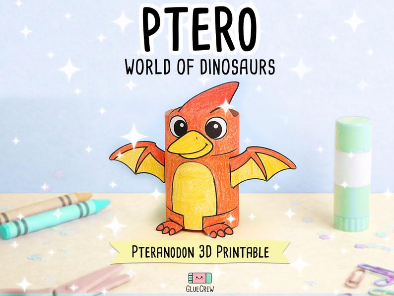 Pode incluir: Uma figura de Pteranodon de papel colorida em laranja e amarelo com olhos grandes e asas. O texto PTERO WORLD OF DINOSAURS aparece no topo, e PTERANODON 3D PRINTABLE est&aacute; em uma faixa amarela na parte inferior, com o logo GlueCrew abaixo.