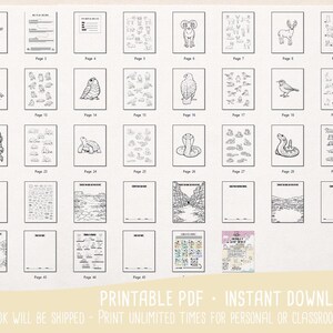 May include: A printable PDF activity book with black and white illustrations of desert animals. The pages are numbered and include images of various animals, such as birds, reptiles, and mammals. The text "PRINTABLE PDF - INSTANT DOWNLOAD" is visible.