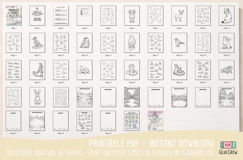 May include: A printable PDF activity book with black and white illustrations of desert animals. The pages are numbered and include images of various animals, such as birds, reptiles, and mammals. The text "PRINTABLE PDF - INSTANT DOWNLOAD" is visible.