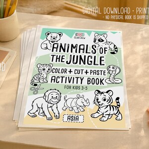 Op de afbeelding: Een printbaar activiteitenboek getiteld "Dieren van de Jungle" voor kinderen van 3-5 jaar. De omslag toont tekeningen van jungledieren zoals een tijger en een aap. Het is een digitale download.