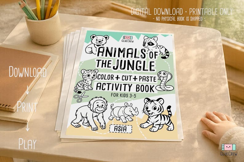 Op de afbeelding: Een printbaar activiteitenboek getiteld "Dieren van de Jungle" voor kinderen van 3-5 jaar. De omslag toont tekeningen van jungledieren zoals een tijger en een aap. Het is een digitale download.