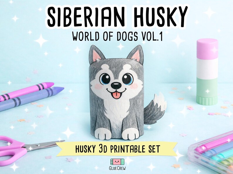 Siberian HUSKY Paper Craft Printable 3D DIY Dog Kit for Kids, Cute Puppy Activity for Preschool, Home Schooling and Primary School Teaching immagine 1