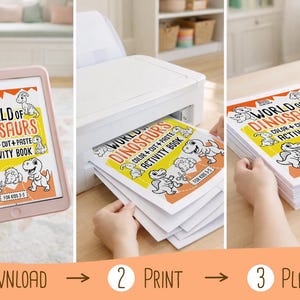 Pode incluir: Uma s&eacute;rie de imagens mostrando as etapas para criar um livro de atividades de dinossauros. A capa do livro apresenta dinossauros de desenho animado e o texto "WORLD OF DINOSAURS COLOR + CUT + PASTE ACTIVITY BOOK FOR KIDS 3-5". As etapas s&atilde;o baixar, imprimir e jogar.