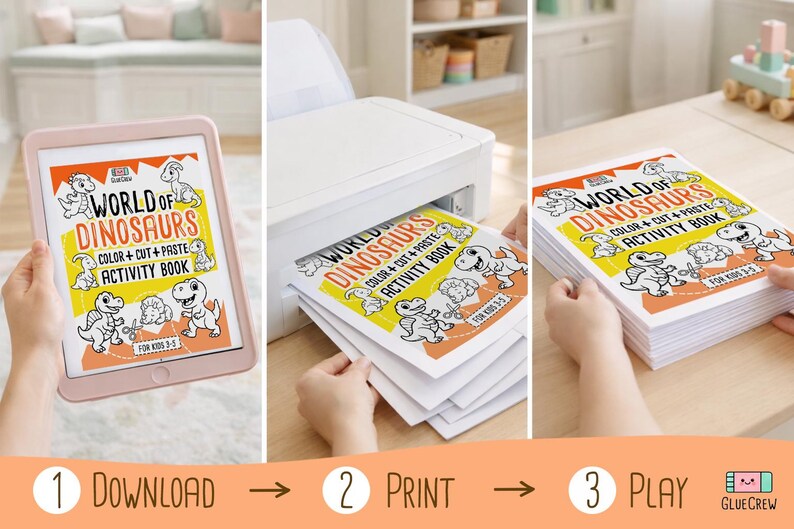 Pode incluir: Uma s&eacute;rie de imagens mostrando as etapas para criar um livro de atividades de dinossauros. A capa do livro apresenta dinossauros de desenho animado e o texto "WORLD OF DINOSAURS COLOR + CUT + PASTE ACTIVITY BOOK FOR KIDS 3-5". As etapas s&atilde;o baixar, imprimir e jogar.