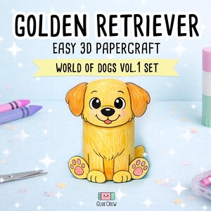 Pu&ograve; includere: Una figura di carta 3D di un Golden Retriever dal set World of Dogs Vol. 1. Il cane giallo ha grandi occhi neri, una lingua rosa e cuscinetti rosa. Il testo recita GOLDEN RETRIEVER, EASY 3D PAPERCRAFT, WORLD OF DOGS VOL. 1 SET e GLUE CREW.