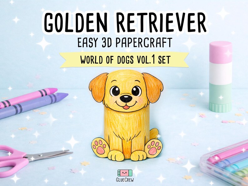 Pu&ograve; includere: Una figura di carta 3D di un Golden Retriever dal set World of Dogs Vol. 1. Il cane giallo ha grandi occhi neri, una lingua rosa e cuscinetti rosa. Il testo recita GOLDEN RETRIEVER, EASY 3D PAPERCRAFT, WORLD OF DOGS VOL. 1 SET e GLUE CREW.