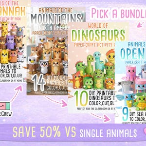 K&ouml;nnte beinhalten: Eine Sammlung von vier Papierbastelsets mit Tieren der Savanne, Tieren der Berge, einer Dinosaurierwelt und Tieren des offenen Meeres. Jedes Set enth&auml;lt ausdruckbare DIY-Tierfiguren zum Ausmalen, Ausschneiden und Zusammenkleben.