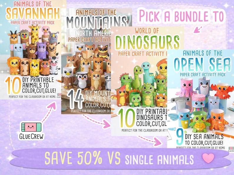 K&ouml;nnte beinhalten: Eine Sammlung von vier Papierbastelsets mit Tieren der Savanne, Tieren der Berge, einer Dinosaurierwelt und Tieren des offenen Meeres. Jedes Set enth&auml;lt ausdruckbare DIY-Tierfiguren zum Ausmalen, Ausschneiden und Zusammenkleben.