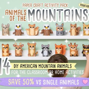 Puede incluir: Un paquete de actividades de manualidades en papel con 14 animales de monta&ntilde;a americanos para hacer uno mismo. El PDF imprimible incluye ilustraciones de criaturas como &aacute;guilas, ardillas, ciervos y mapaches para actividades escolares o en casa.