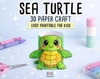 Kit de manualidades 3D de tortuga marina en papel, actividad infantil con estilo de dibujos animados, fácil de armar y con temática oceánica y educativa.