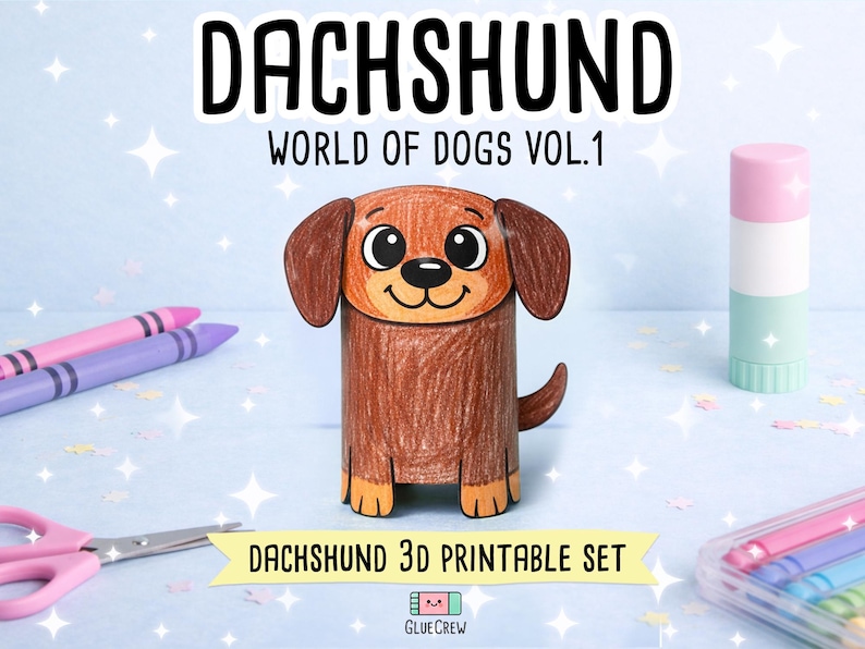 DACHSHUND Dog Paper Craft Printable 3D DIY Kit for Kids, Cute Puppy Activity for Preschool, Home Schooling & School Teaching image 1