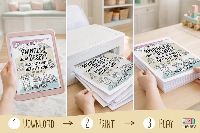 May include: A series of images showing the process of downloading, printing, and playing with an activity book. The book, titled "Animals of the Great Desert," features illustrations of desert animals. The steps are labeled: Download, Print, and Play.
