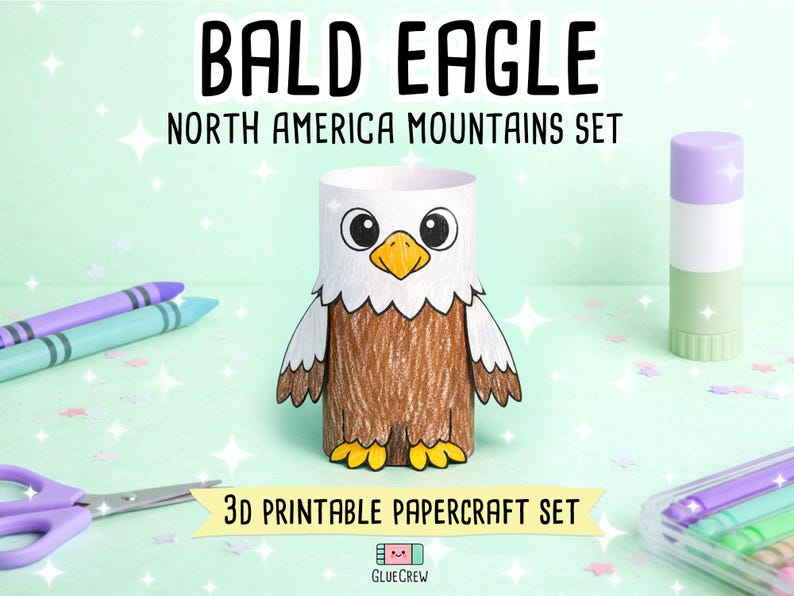 Bald Eagle 3D Paper Craft, Printable DIY Animal Kit, Fun Unit Study Resource, Easy Kindergarten Geography Project image 1