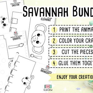 K&ouml;nnte beinhalten: Savannah Bundle Bastelset mit druckbaren Tiervorlagen. Enth&auml;lt einen Geparden, einen Elefanten, eine Giraffe und ein Nashorn. Anleitung: drucken, ausmalen, ausschneiden und kleben. Der Text lautet: "Genie&szlig;e deine Kreation!"