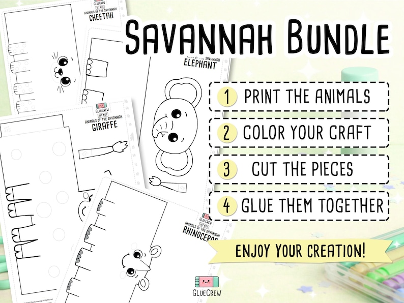 K&ouml;nnte beinhalten: Savannah Bundle Bastelset mit druckbaren Tiervorlagen. Enth&auml;lt einen Geparden, einen Elefanten, eine Giraffe und ein Nashorn. Anleitung: drucken, ausmalen, ausschneiden und kleben. Der Text lautet: "Genie&szlig;e deine Kreation!"