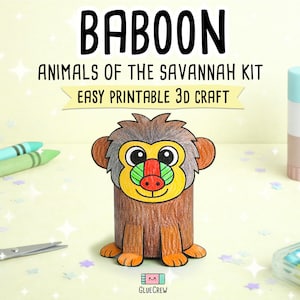 May include: A colorful, illustrated baboon craft made from paper, part of an "Animals of the Savannah Kit." The image includes crayons, scissors, and glue stick. Text reads "BABOON" and "EASY PRINTABLE 3D CRAFT."