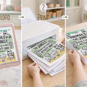 Op de afbeelding: Een stapsgewijze handleiding voor een activiteitenboek. De eerste stap toont een tablet met de omslag van het activiteitenboek "Animals of the Jungle". De tweede stap toont het afdrukken van het boek. De derde stap toont het gedrukte boek.