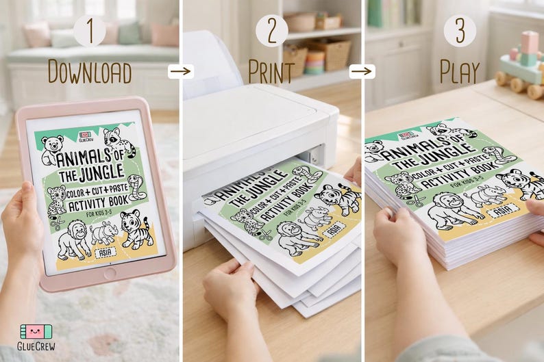 Op de afbeelding: Een stapsgewijze handleiding voor een activiteitenboek. De eerste stap toont een tablet met de omslag van het activiteitenboek "Animals of the Jungle". De tweede stap toont het afdrukken van het boek. De derde stap toont het gedrukte boek.