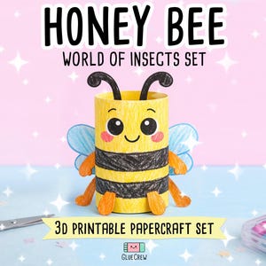 Bee Printable 3D Paper Craft Kit | Insects DIY Kids Classroom Project, Educational Happy Honey Bee Model with Yellow and Black Stripes bild 1