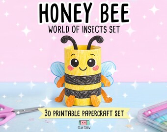 Bee Printable 3D Paper Craft Kit | Insects DIY Kids Classroom Project, Educational Happy Honey Bee Model with Yellow and Black Stripes